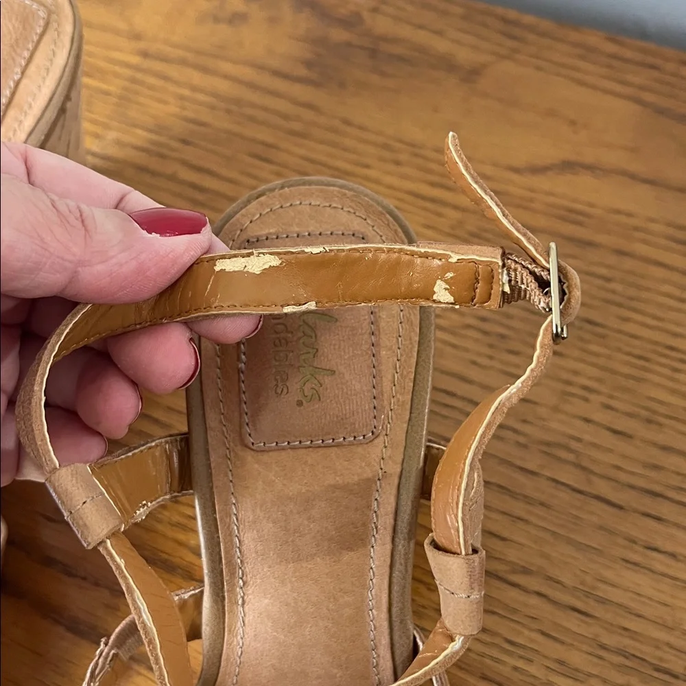 Clark Beaded Cork Wedge Leather Sandals Tan Brown Bronze Size 7.5